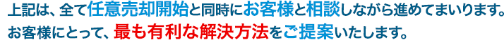 上記は、全て任意売却開始と同時にお客様と相談しながら進めてまいります。お客様にとって、最も有利な解決方法をご提案いたします。